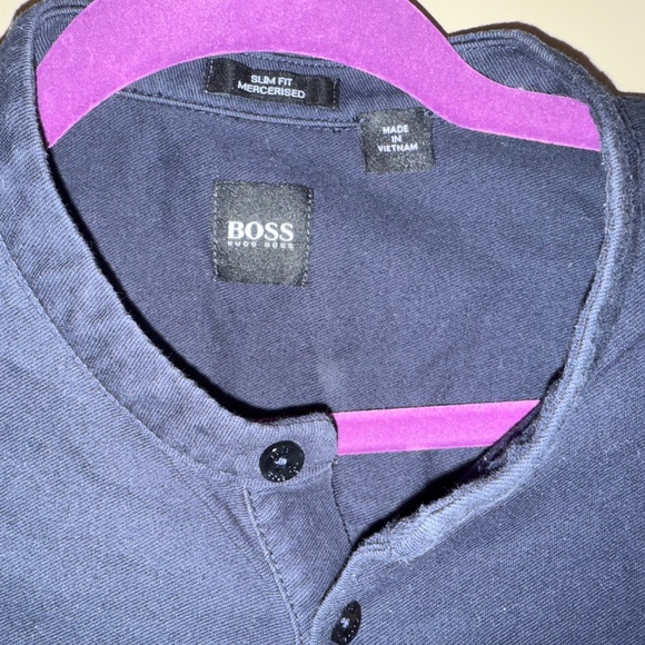 Hugo Boss Navy Blue Slim Fit Mercerized Henley 3-Button Shirt Cotton - Medium M - Picture 4 of 12